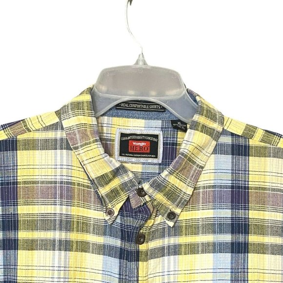 Wrangler Hero Button Down Shirt Mens Size XL XLarge Yellow Blue Check Cotton L/S - Picture 4 of 10